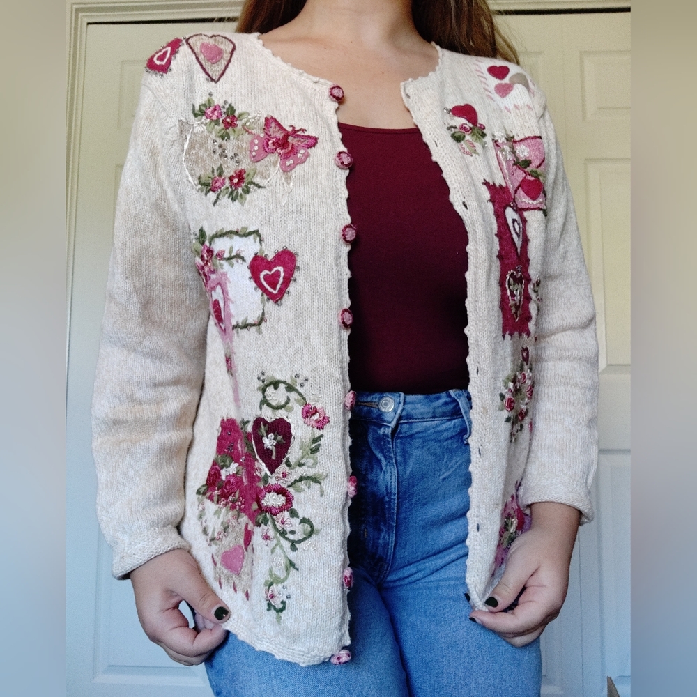 Heirloom Collectibles Valentine's Cardigan, Medium - cream and pink